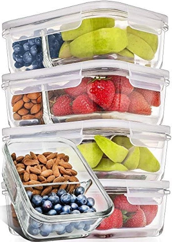 Contenitori in vetro per preparazione e conservazione alimenti con coperchi - contenitori a chiusura ermetica per preparazione pasti - riutilizzabili - 850 millilitri - 2 compartimenti