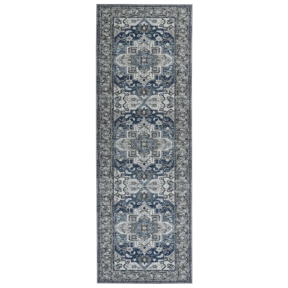 Tappeto passatoia grigio e blu poliestere 80 x 240 cm decorazioni orientali invecchiate per soggiorno camera da letto