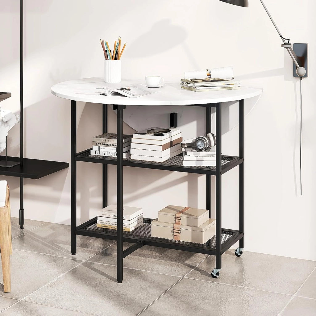 Tavolo da Pranzo 100 x 100 x 80 cm, Tavolo Pieghevole Salvaspazio per 2-4 Persone con 2 Mensole di Stoccaggio e Ruote Bloccabili per Soggiorno, Appartamento e Ufficio (Bianco)