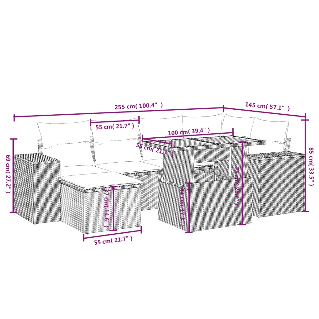 Set Divani da Giardino 7 pz con Cuscini Grigio in Polyrattan 3272740
