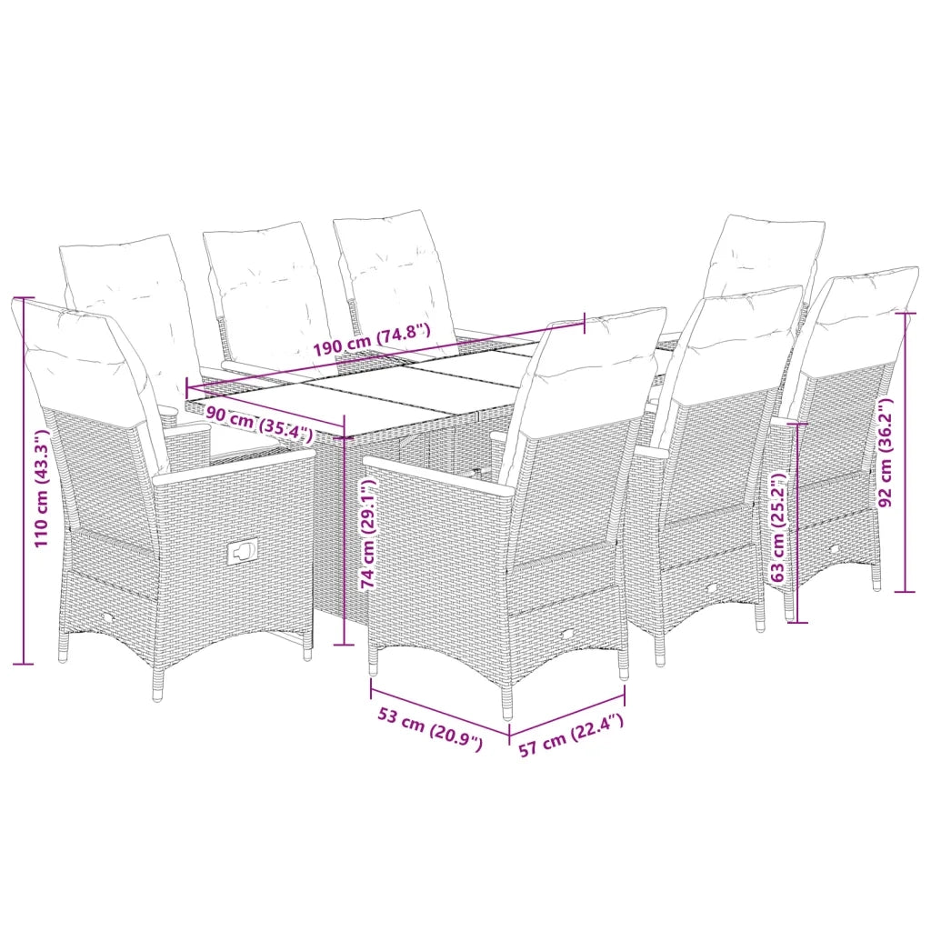 Set da Pranzo da Giardino 9 pz con Cuscini in Polyrattan Grigio 3276854