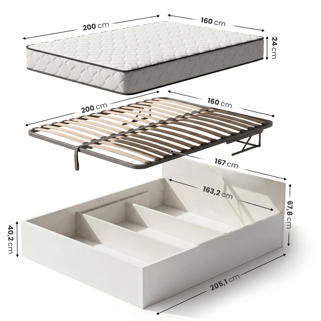 Letto con contenitore 160x200 cm rete sollevabile in metallo e materasso a molle Bianco