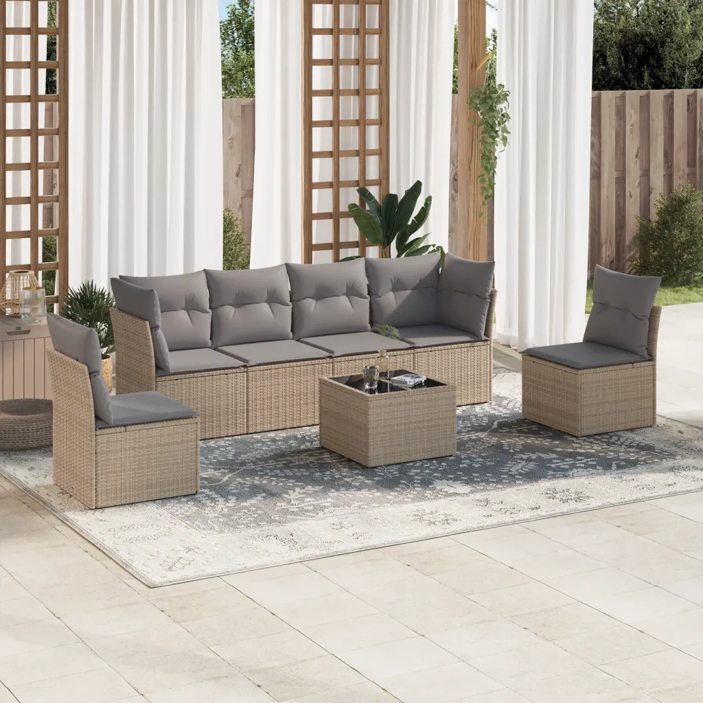 Set Divani da Giardino 7 pz con Cuscini Beige in Polyrattancod mxl 87358