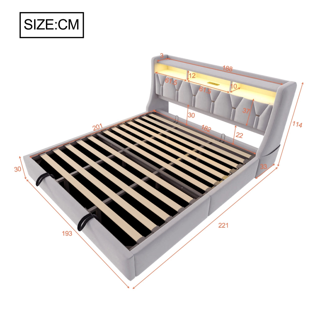 Letto contenitore matrimoniale 180×200 cm con LED USB e Type-C testiera con ripiani senza materasso grigio