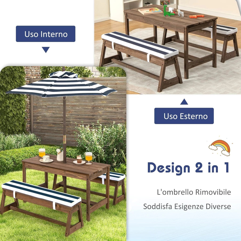 Tavolo da Picnic per Bambini con Parasole Pieghevole, Set di Tavolo e Panca in Legno con Cuscini, per Giardino, Cortile, Patio (Blu)