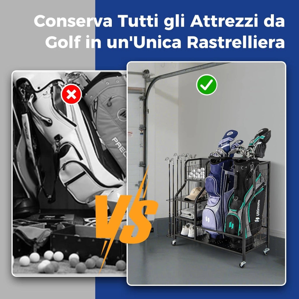 Organizer per Sacca da Golf, Supporto per 2 Borse da Golf con Extra Scaffale di Stoccaggio per Mazze da Golf, 6 Ganci Rimovibili e 4 Ruote per Garage e Club