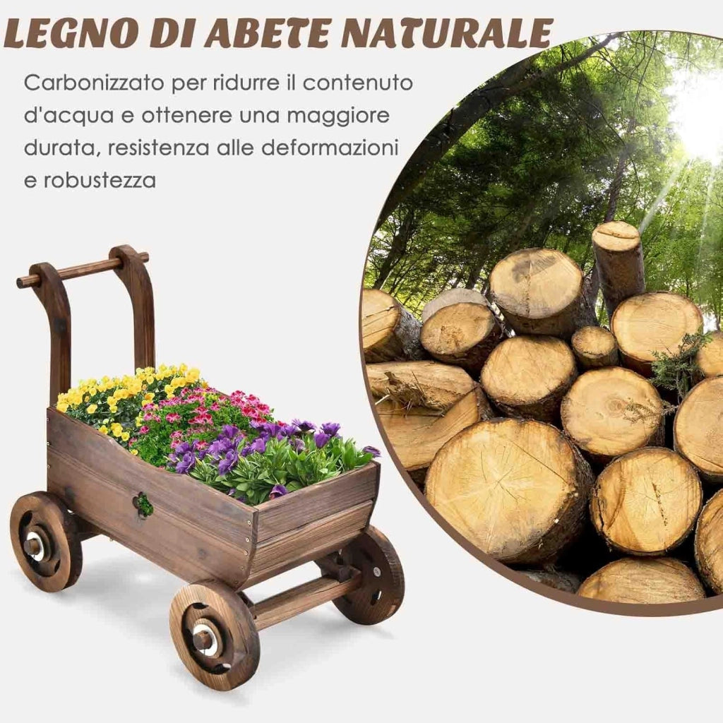 Fioriera da Esterno in Legno a Forma di Carrello, Carriola Portafiori con 4 Ruote, Maniglia e Foro di Drenaggio, Carrello Decorativo da Interno ed Esterno, per Patio, Giardino e Balcone