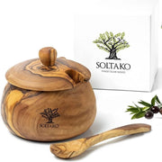 Suikeriera Luxe con coperchio di olivo esclusivo - contenitore per sale con coperchio di olivo esclusivo - contenitore per spezie con cucchiaio per spezie e cassetta per spezie a mano 10 x 10 x 7,5 cm