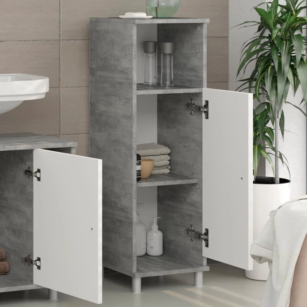 Mobile Midi Fynn, Calcestruzzo, 30 x 95 cm, per la conservazione di accessori da bagno e compatibile con Fynn