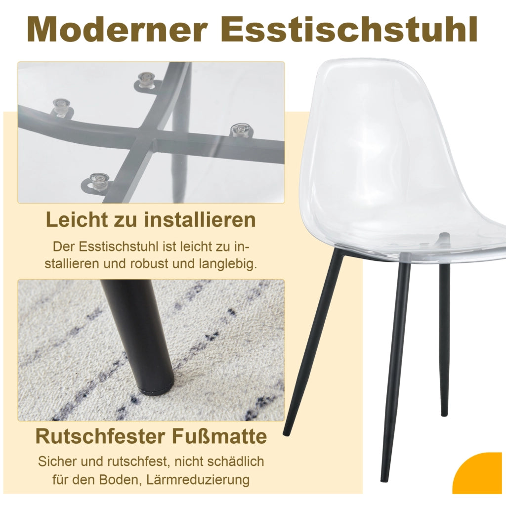 Set di 4 sedie da pranzo in plastica trasparente con gambe in metallo nero; 83 cm