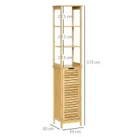 kleankin Mobile Bagno a 3 Ripiani e 1 Credenza, Design a Doghe, Bambù, 34x30x173cm