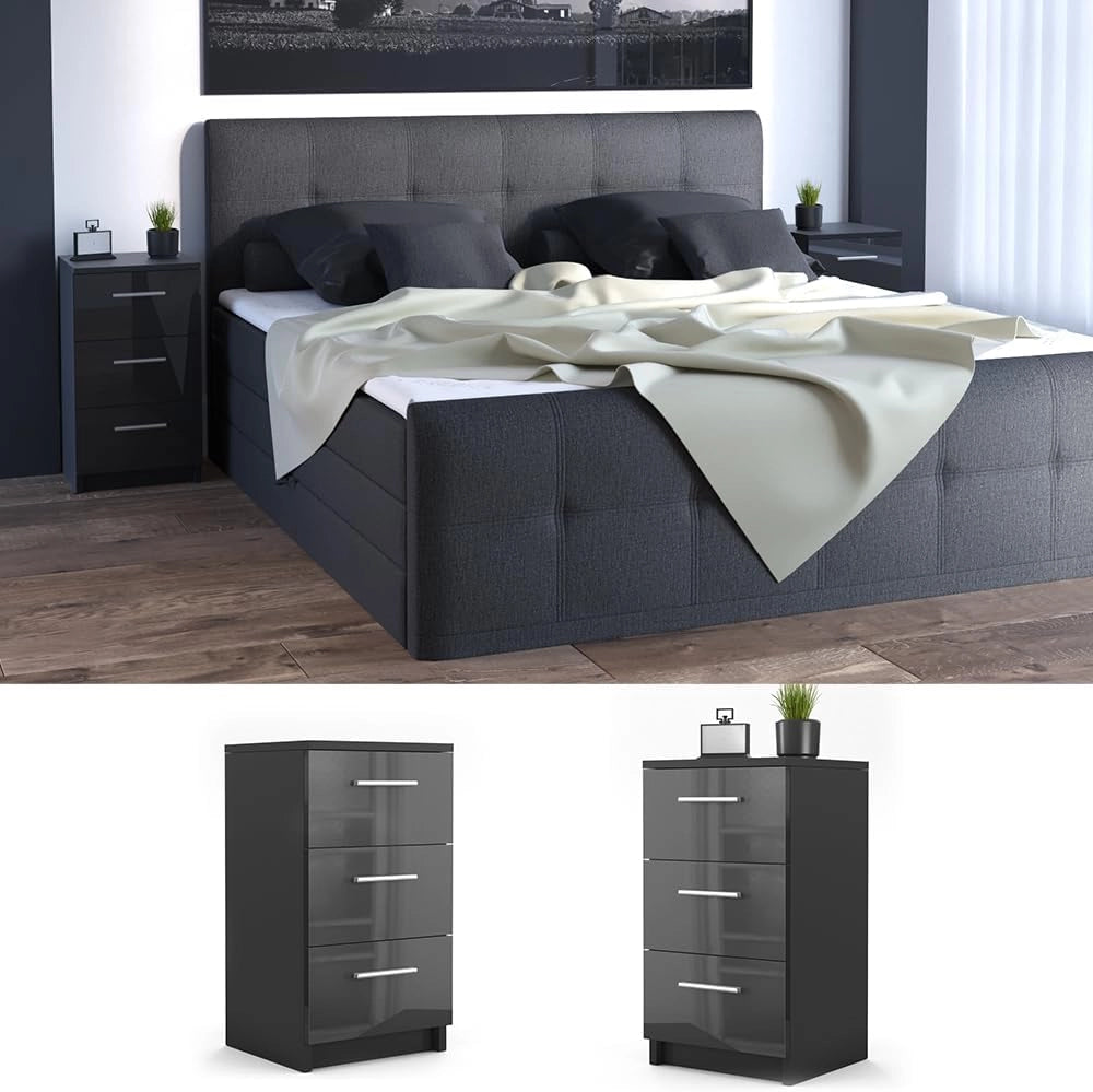 Comodini camera da letto, Nero lucido, Set di 2, adatto per letti boxspring con telaio rialzato