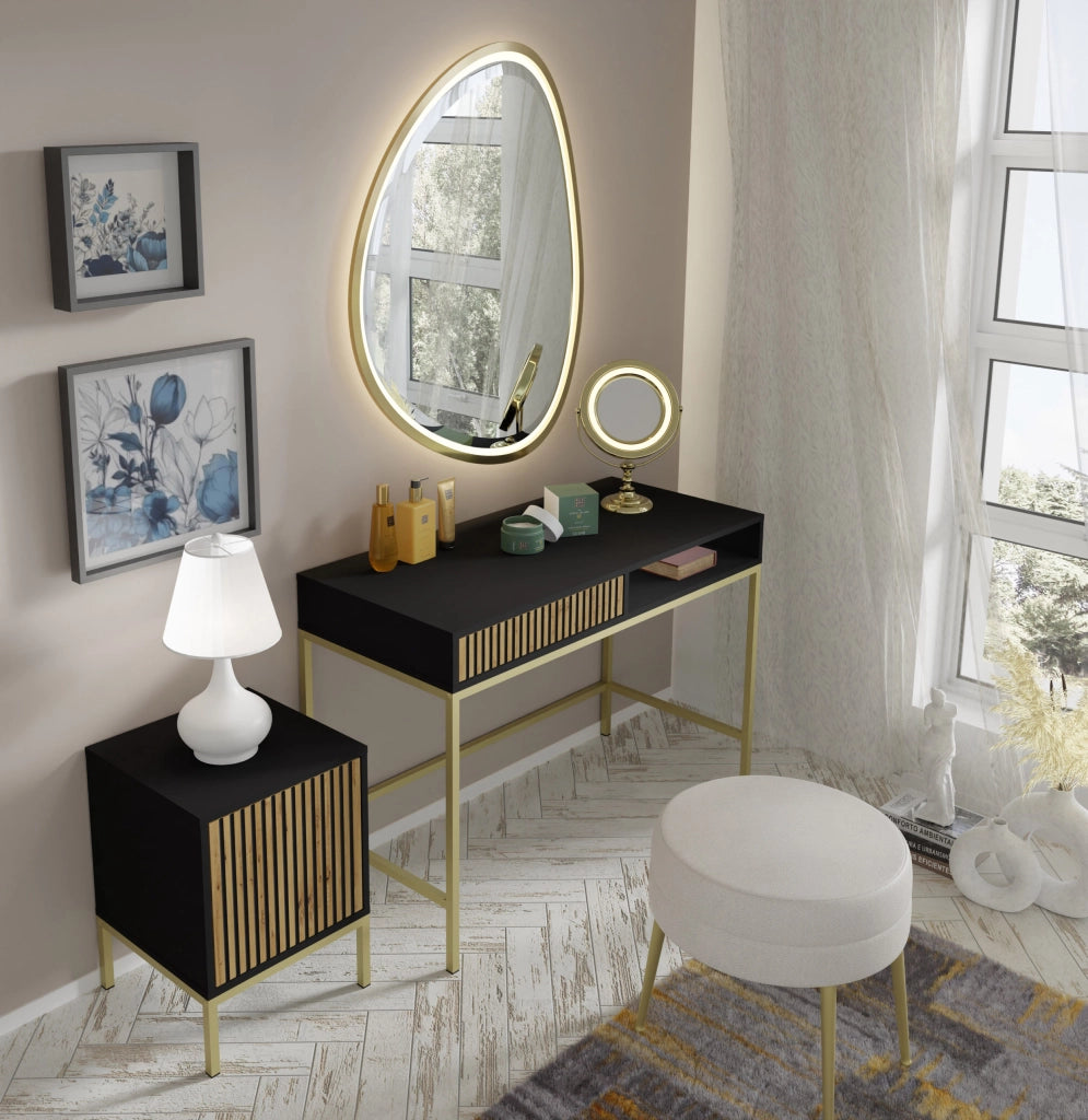 SCRIVANIA DA TOELETTATURA IN MDF VERNICIATO RAVENNA F 1P NERO OPACO ROVERE ARTIGIANALE STRUTTURA ORO