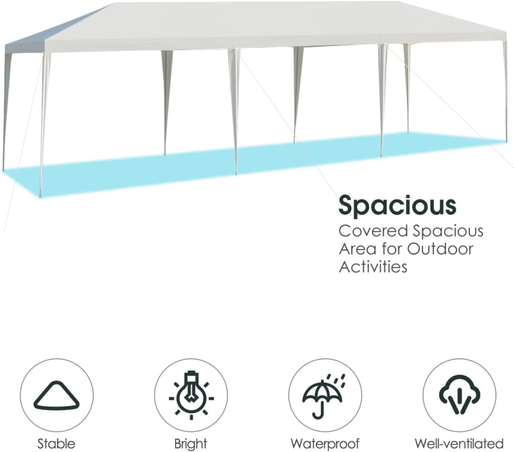Tenda da Giardino Pieghevole, 3 x 9 m, Impermeabile, Portatile, con Tubi Metallici e Connessione Forte, Gazebo con Corde e Picchetti per Feste, Eventi, Campeggio, Bianco