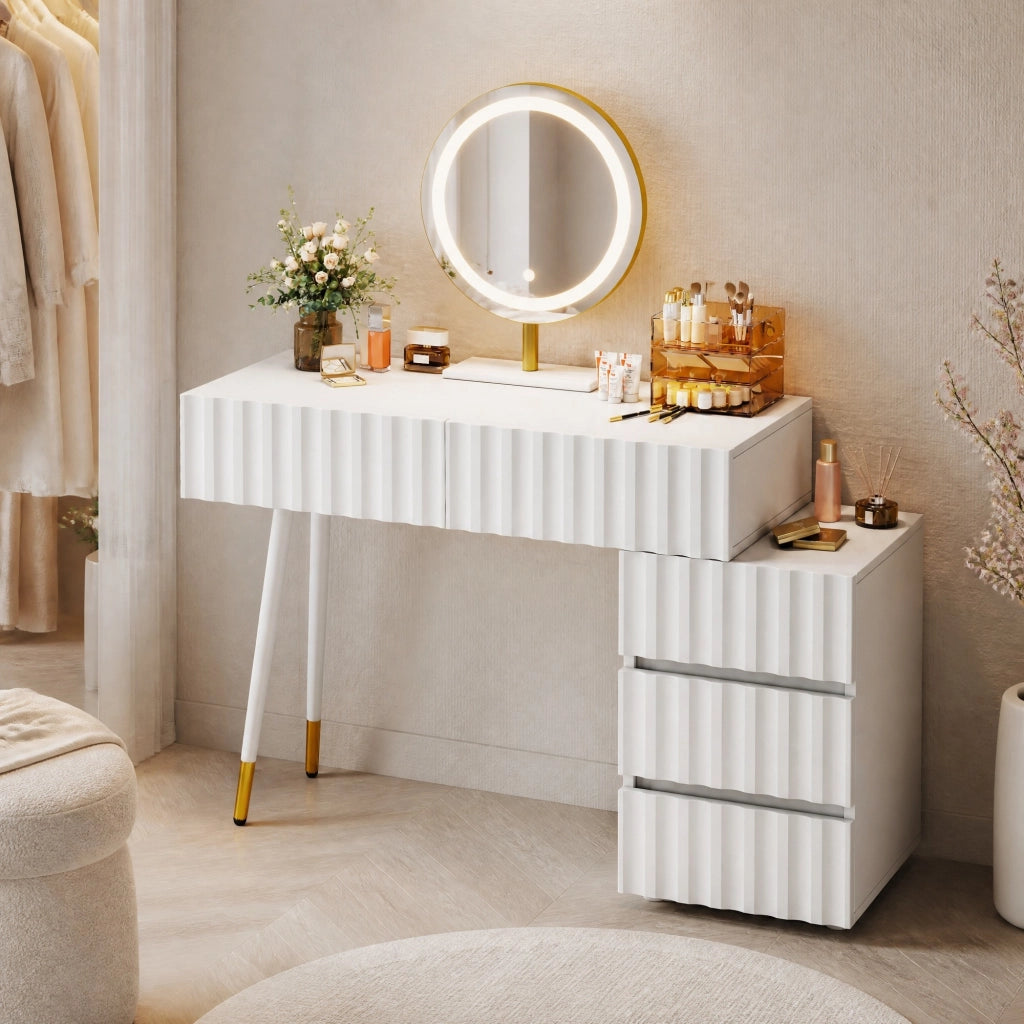 Tavolo da trucco bianco con specchio LED, 5 cassetti e mobile laterale, 100x40x127 cm
