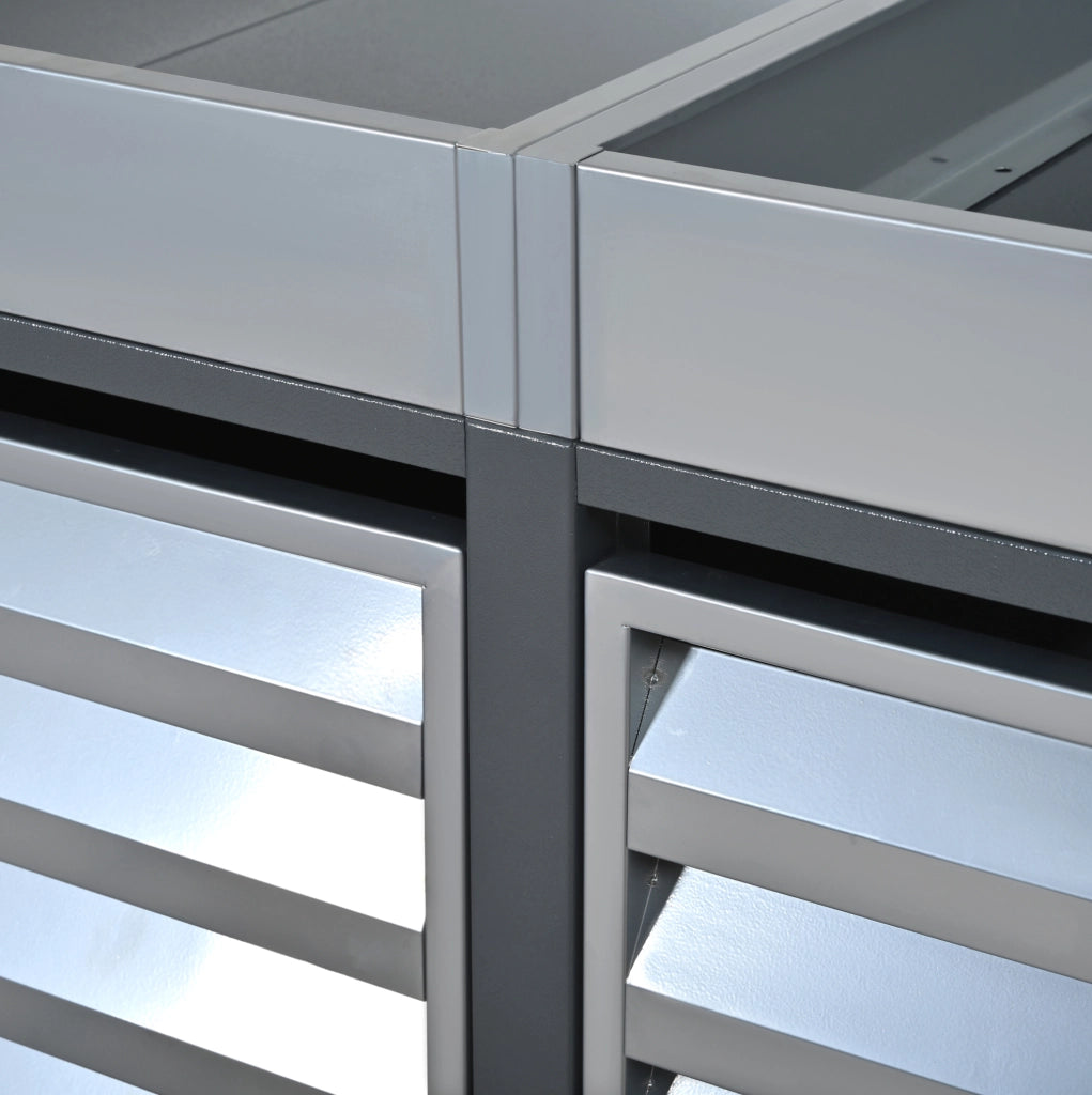 Armadio portarifiuti da esterno con fioriera integrata; 4 vani; acciaio zincato; grigio effetto legno