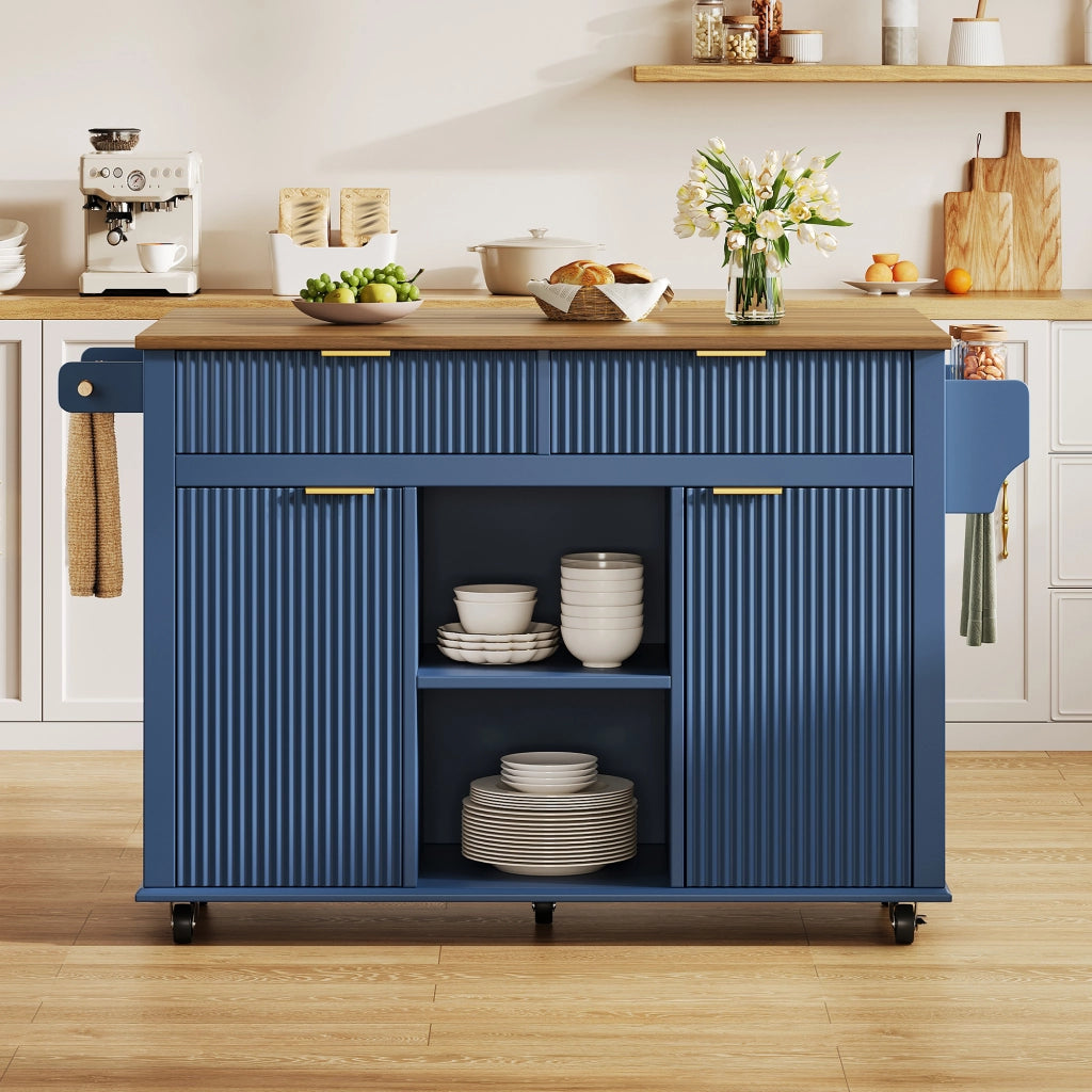 Isola da cucina su ruote con piano ribaltabile, 2 cassetti, 2 ante e porta spezie, colore blu e legno