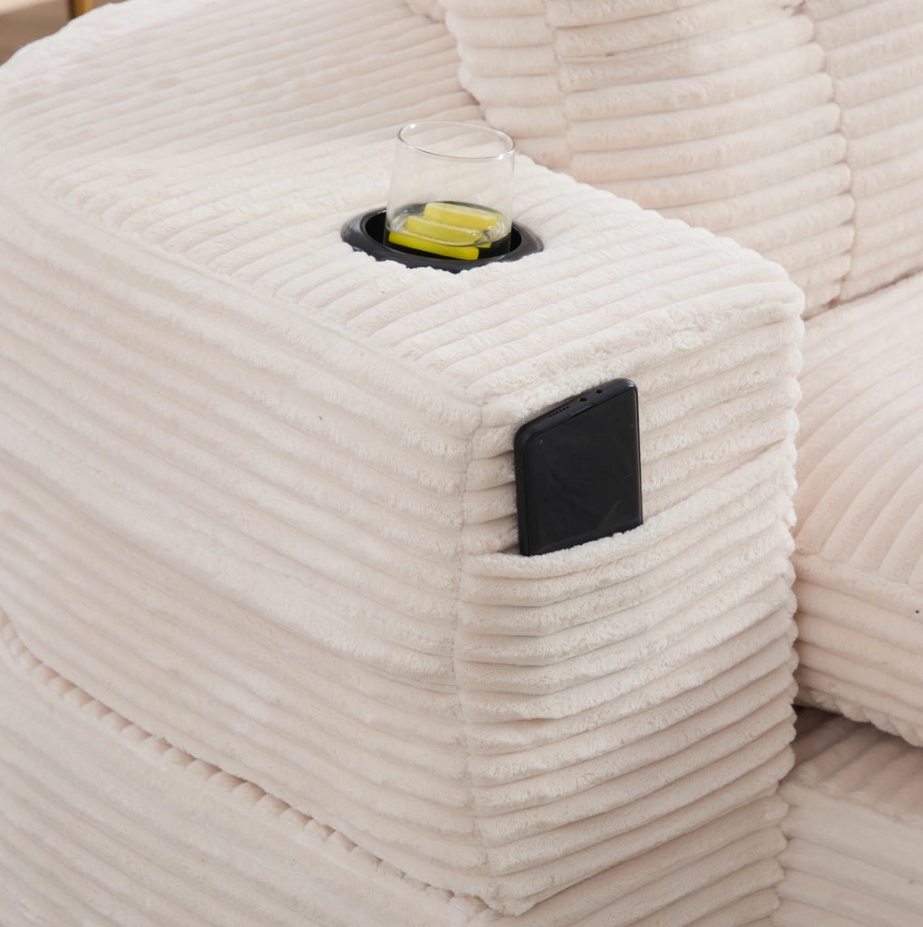 Poltrona relax 2 in 1 in velluto a coste beige con portabevande