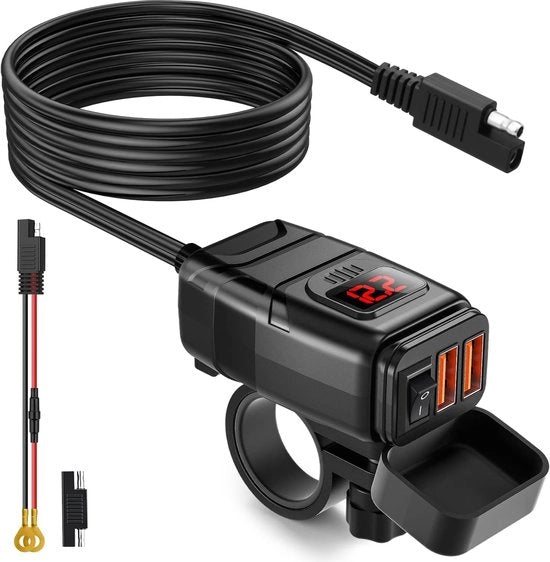 Caricabatteria universale QC3.0 12V con voltmetro e manubrio per smartphone, accessorio per motocicletta rossa, universale, sicuro e duraturo