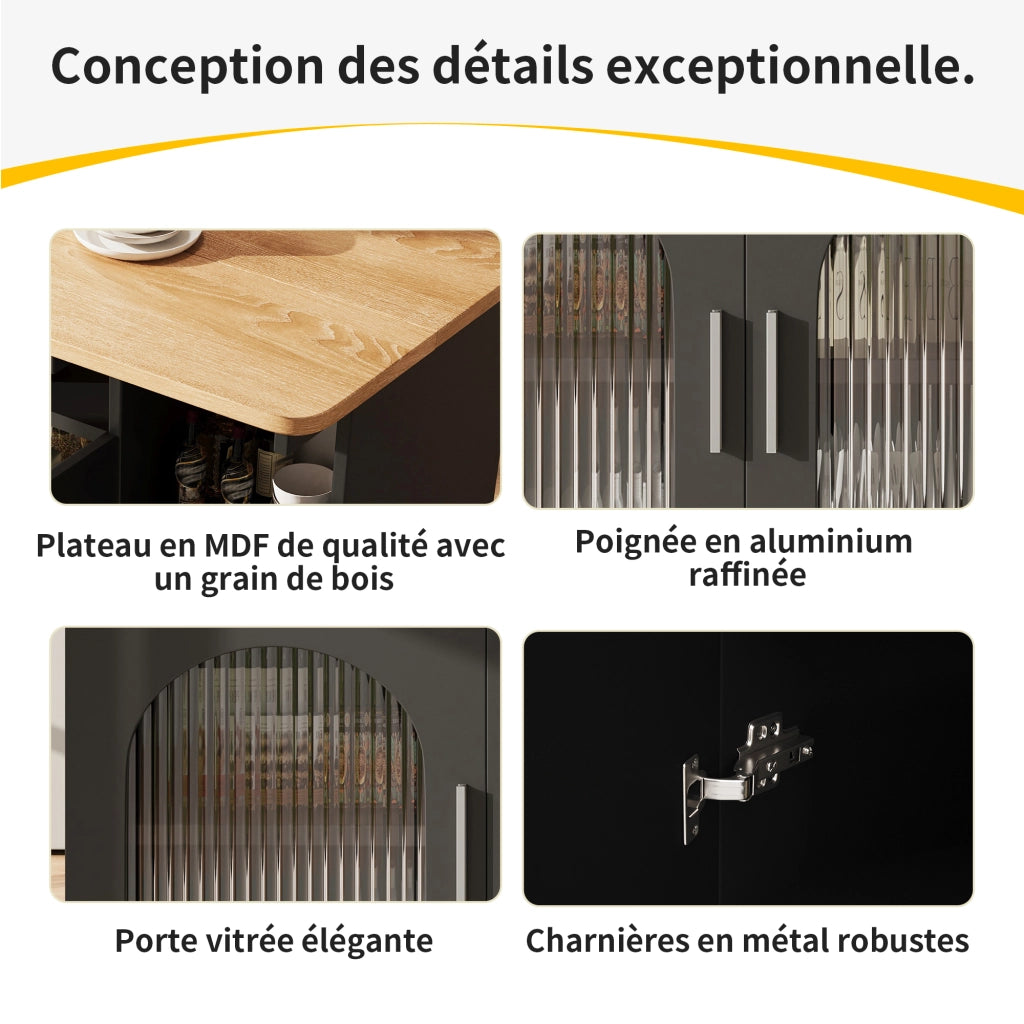 Carrello da Cucina con 2 Ante; 3 Vani; Piano Ribaltabile e Ruote; in MDF e Vetro; 120 x 30 x 79.5 cm; Nero e Naturale