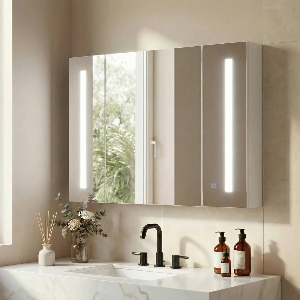 Armadietto Specchio da Bagno con Luce LED ¨C zephmum ¨C Bianco, 90x15x65 cm