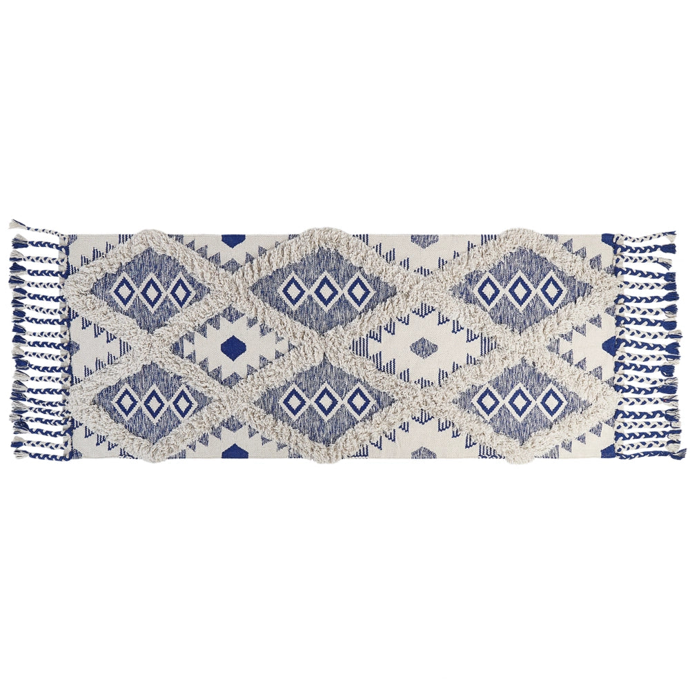 Tappeto in cotone con nappe di colore beige e blu 80 x 200 cm soggiorno camera da letto