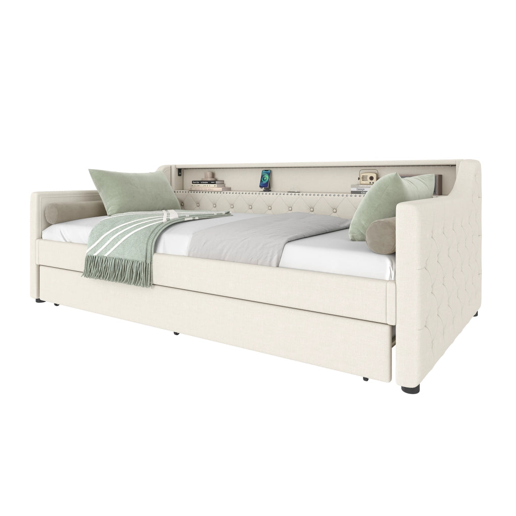 OKWISH Letto a Divano 90×200 cm, Letto Singolo con LED Regolabile, USB, Letto Estraibile 90×190 cm e Controllo App, senza Materasso, Beige