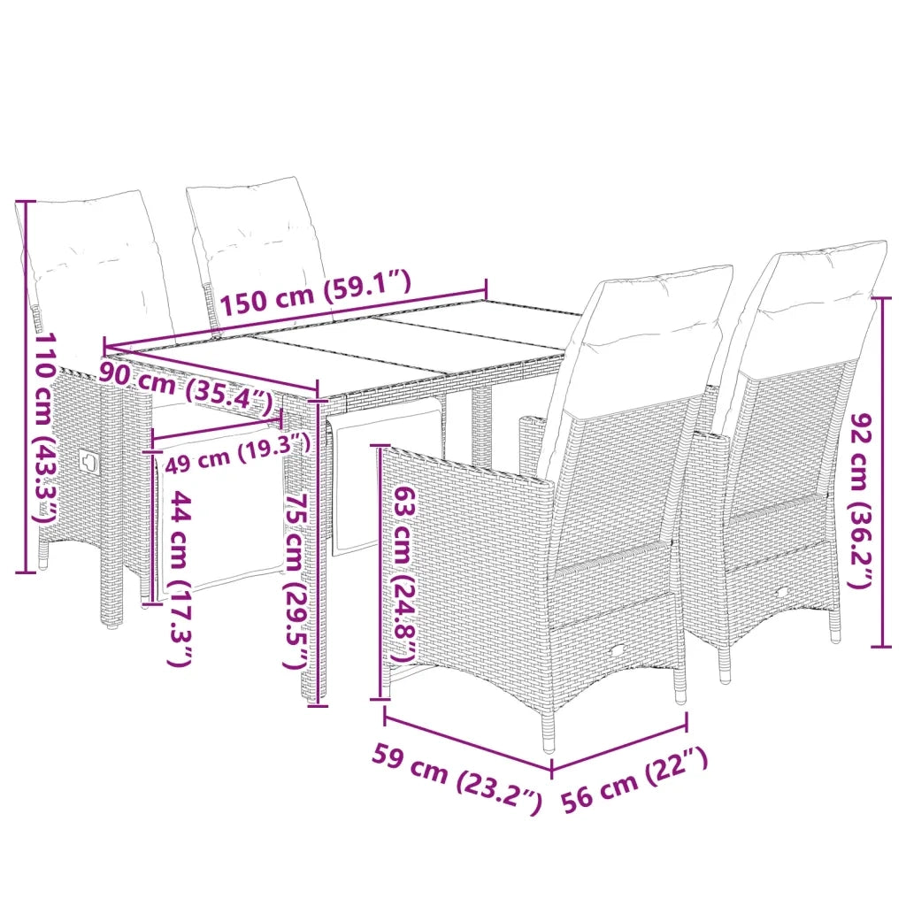 Set BistrÃ² da Giardino 5 pz con Cuscini in Polyrattan Grigio