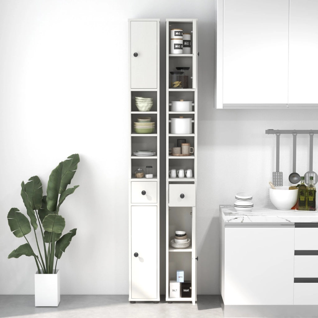 Armadio da bagno alto-Mobiletto da bagno slim con 1 cassetto di stoccaggio, Armadio da bagno 5 ripiani regolabili struttura antiscivolo Bianco