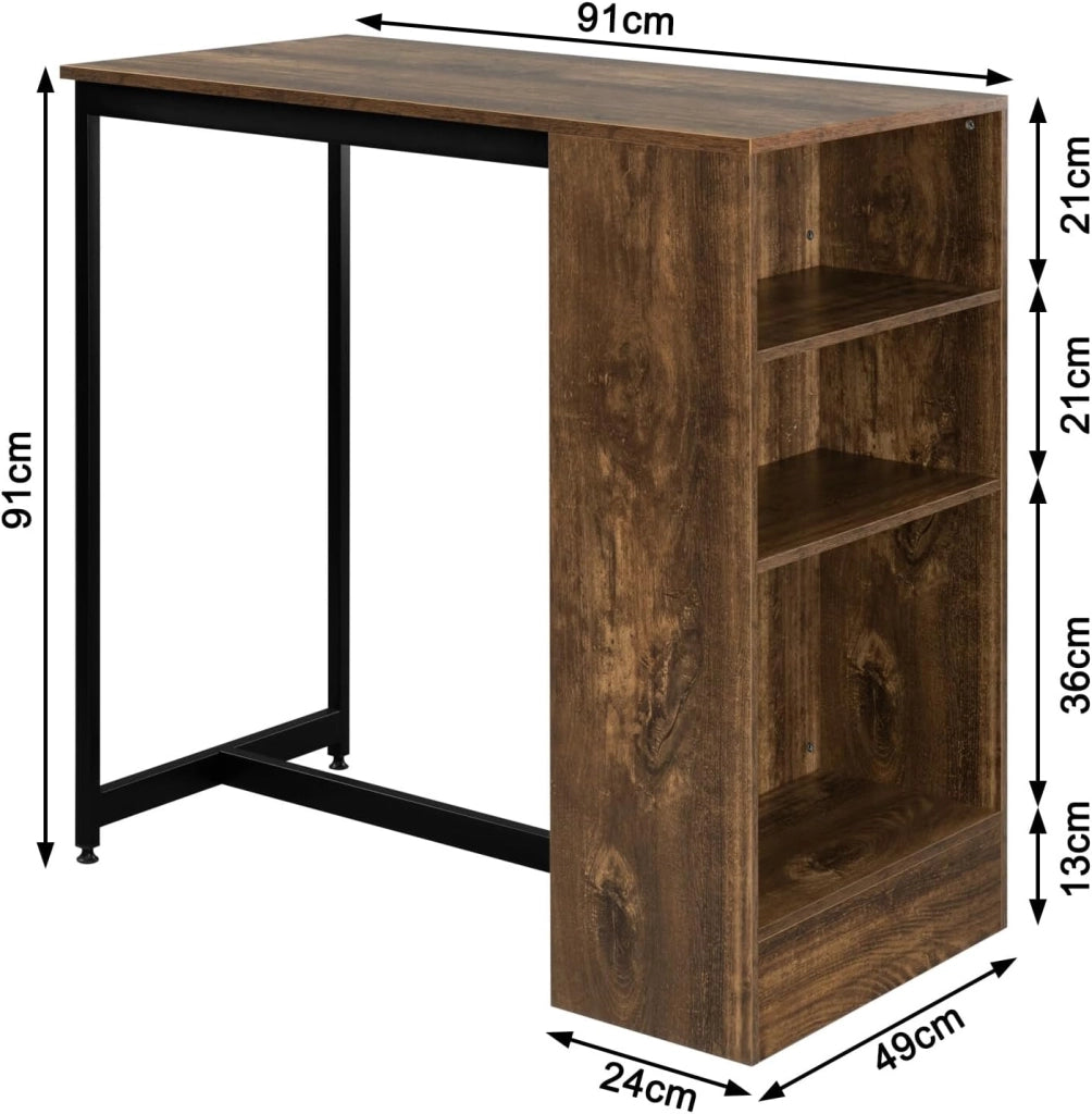 Tavolo da Bar con 3 Ripiani Aperti, Tavolo Alto da Bar con Struttura in Metallo, in Legno e Metallo, Legno Vintage e Nero, per Cucina, Salotto，91x49x91cm