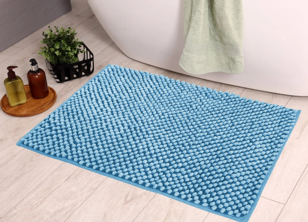 Tappeto Bagno Doccia Antiscivolo In Ciniglia Super Assorbente Modello Dots - Parure 3 Pezzi - Cielo