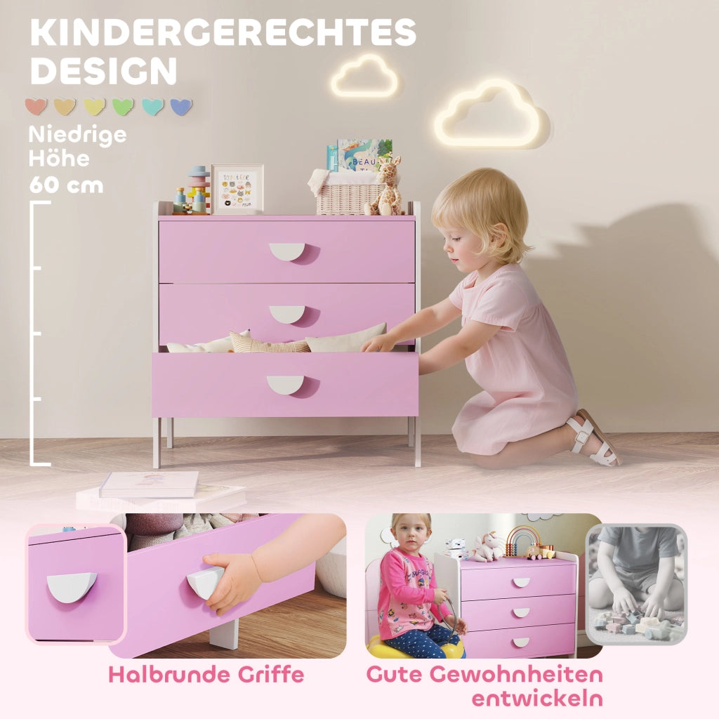 Cassettiera per bambini con 3 cassetti ¨C zephmum ¨C rosa e bianco, MDF