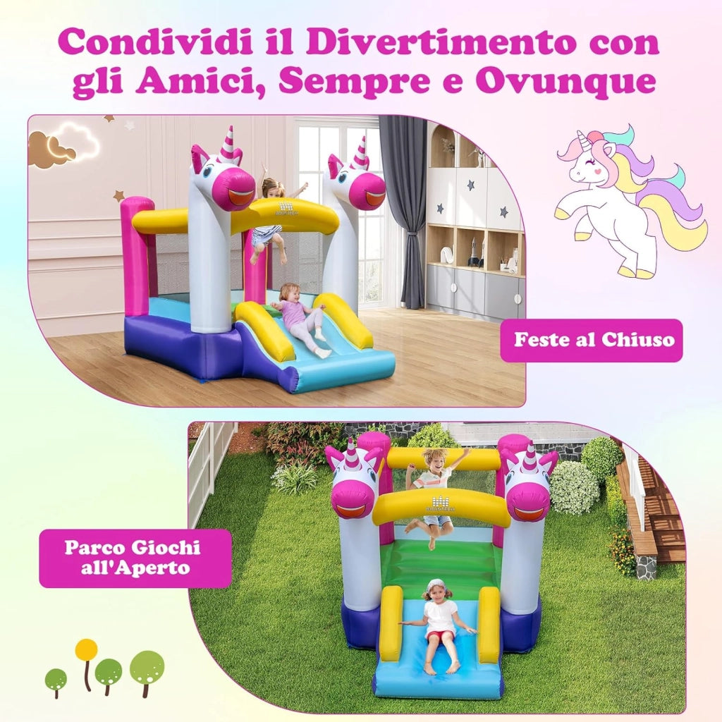 Castello Gonfiabile per Bambini, Casa Gonfiabile Unicorno per bambini con Scivolo e Area Salto, Parco Giochi Gonfiabile da 3-12 Anni, Adatto per Giardino, Esterno e Interno