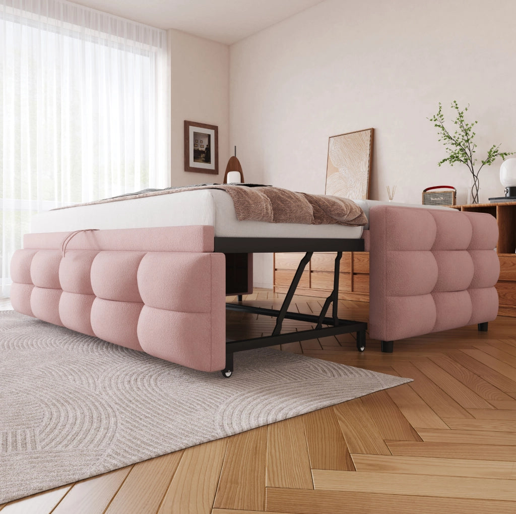 Letto combinato 90/180 x 190 cm in tessuto Teddy rosa con rete a doghe