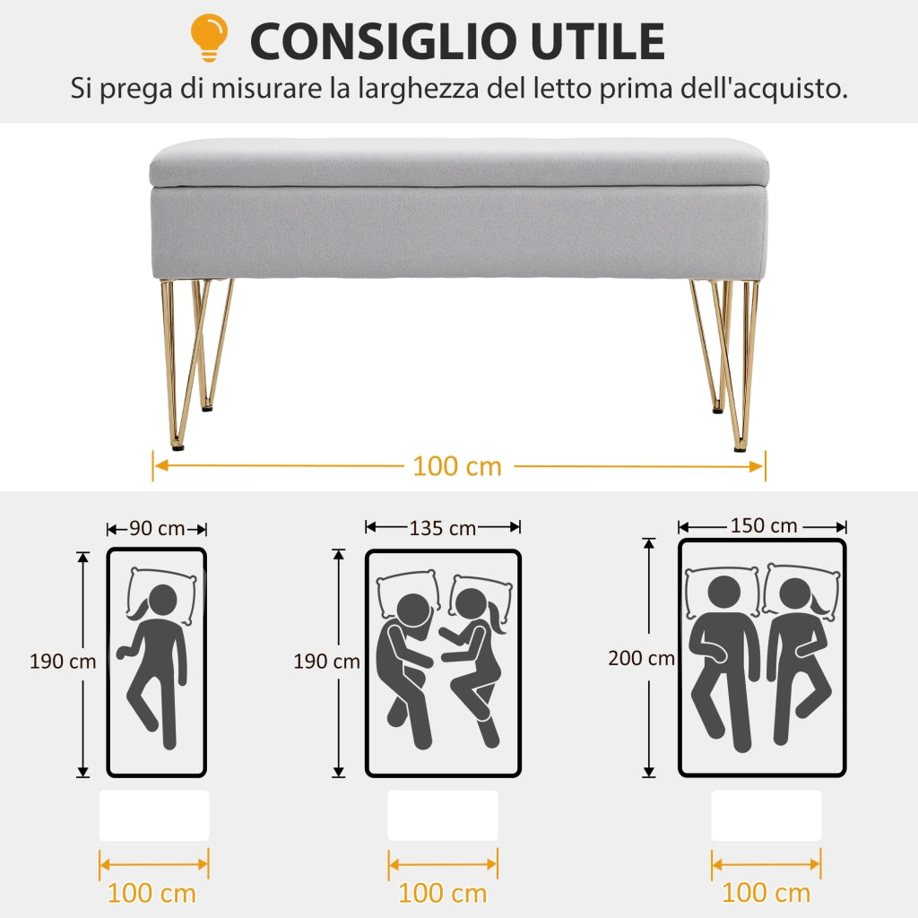 Panca Fondo Letto con Contenitore in Tessuto e Gambe in Acciaio, 100x40x49 cm, Grigio Chiaro