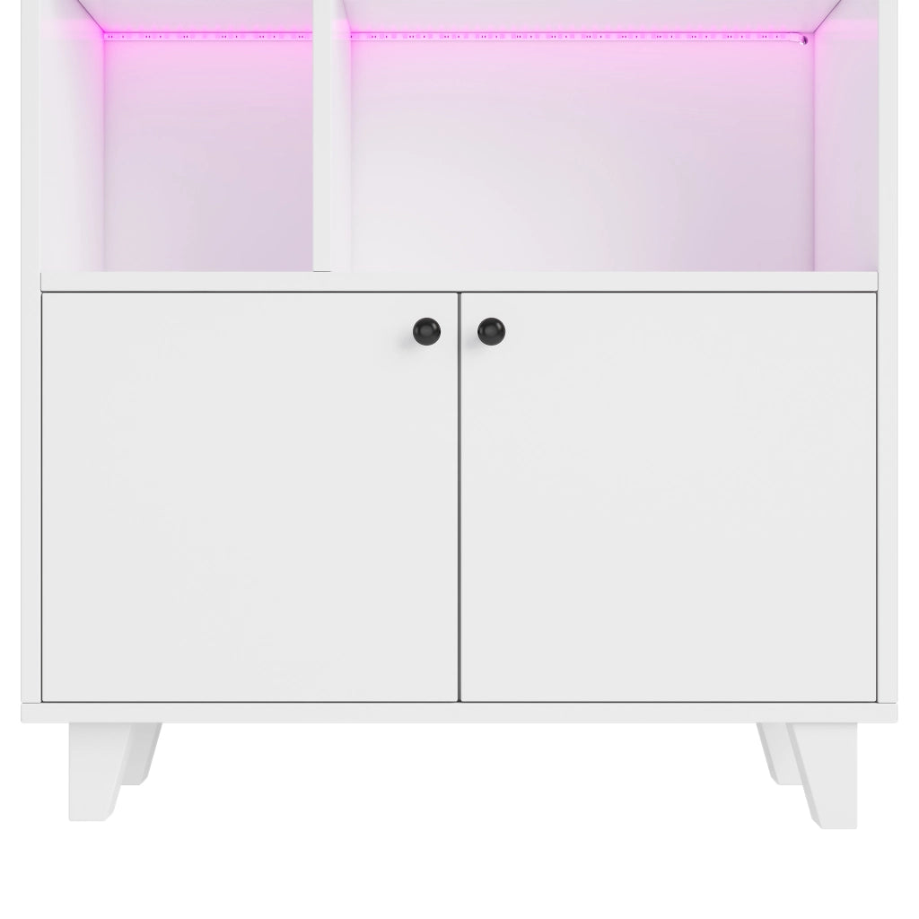 Libreria 80 x 30 x 173 cm con luci LED, 7 scomparti, ante doppie e struttura in MDF con piedi in legno massello