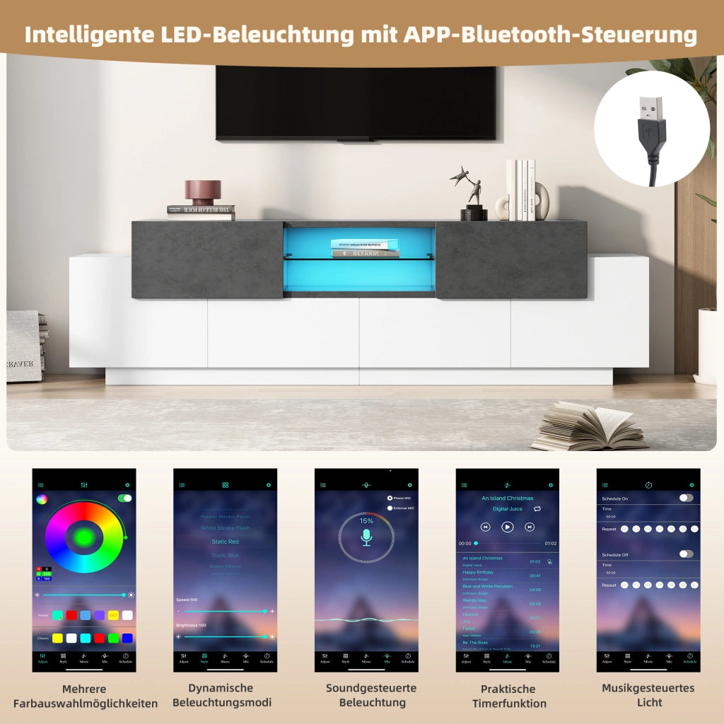 Mobile TV con 2 cassetti; 4 ante e 3 vani; LED - per soggiorno - 180x40x45 cm - bianco e grigio