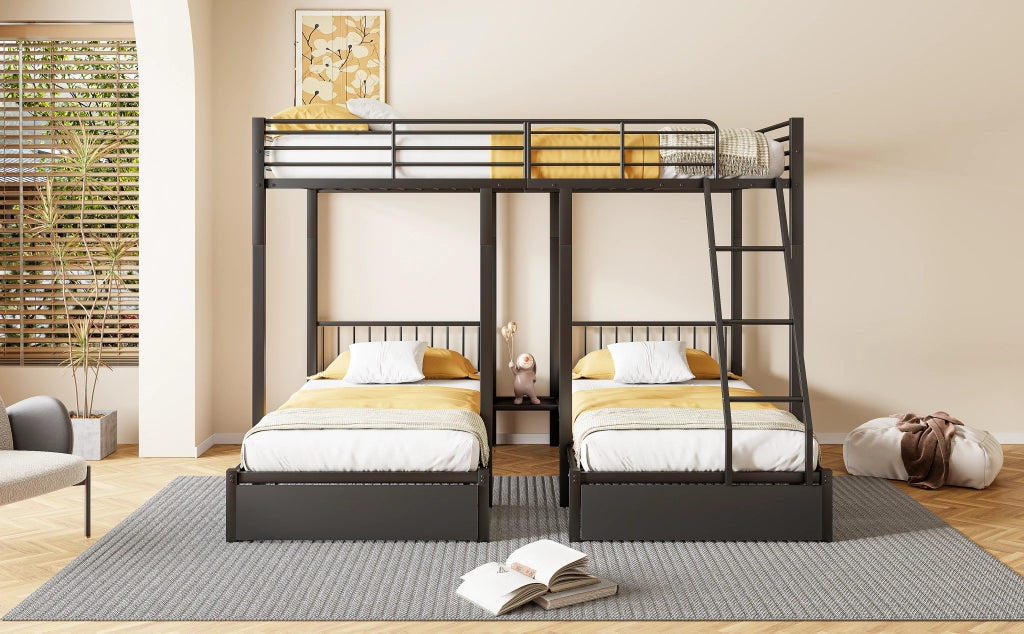 Letto a castello triplo con cassetti metallo nero 140x200 cm