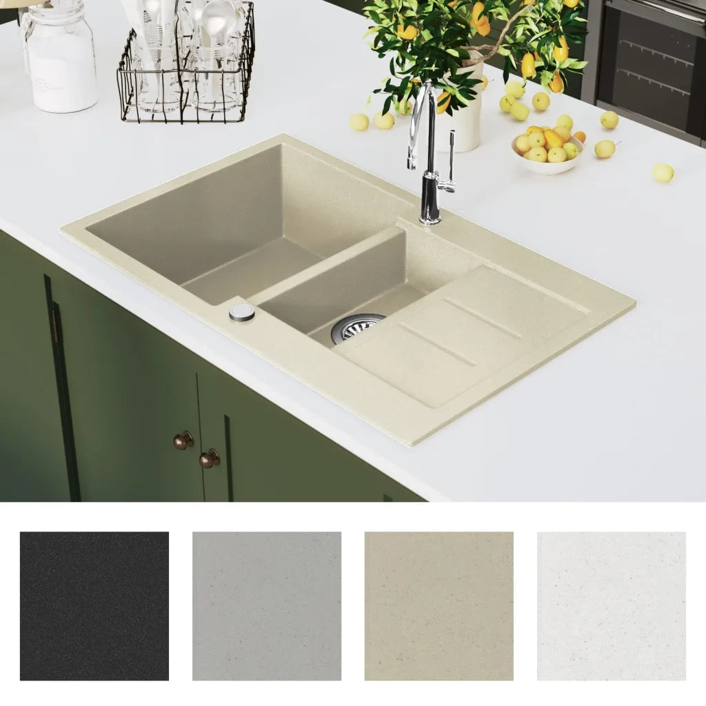 Lavello da Cucina in Granito Vasca Doppia-Lavandino-Lavabo Beige 978554