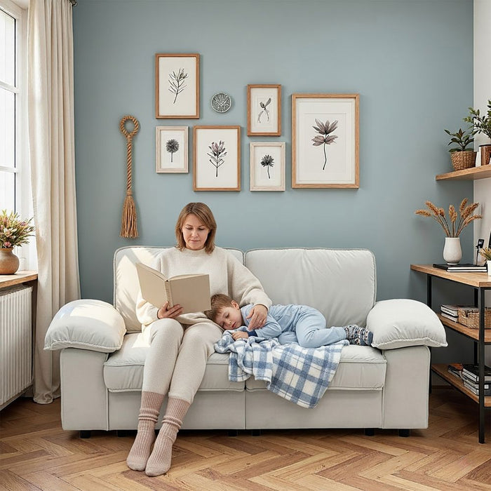 Divano 2 posti con contenitore - Xylo - Design cloud, tessuto morbido, bianco