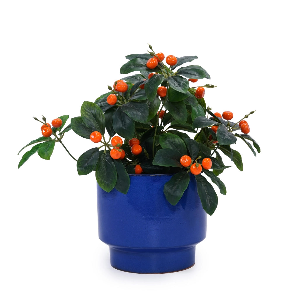 Vaso per piante in ceramica blu con foro di drenaggio
