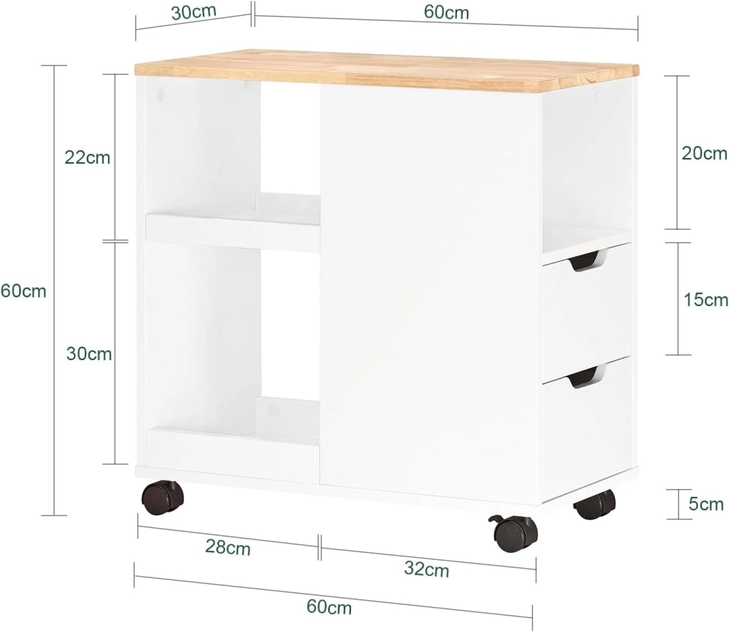 Supporto per Stampante con Ruote – Mobiletto per Stampante con Cassetti e Vani, Tavolino Multifunzionale per Ufficio e Home Office, L60xP30xH60 cm, FBT130-WN