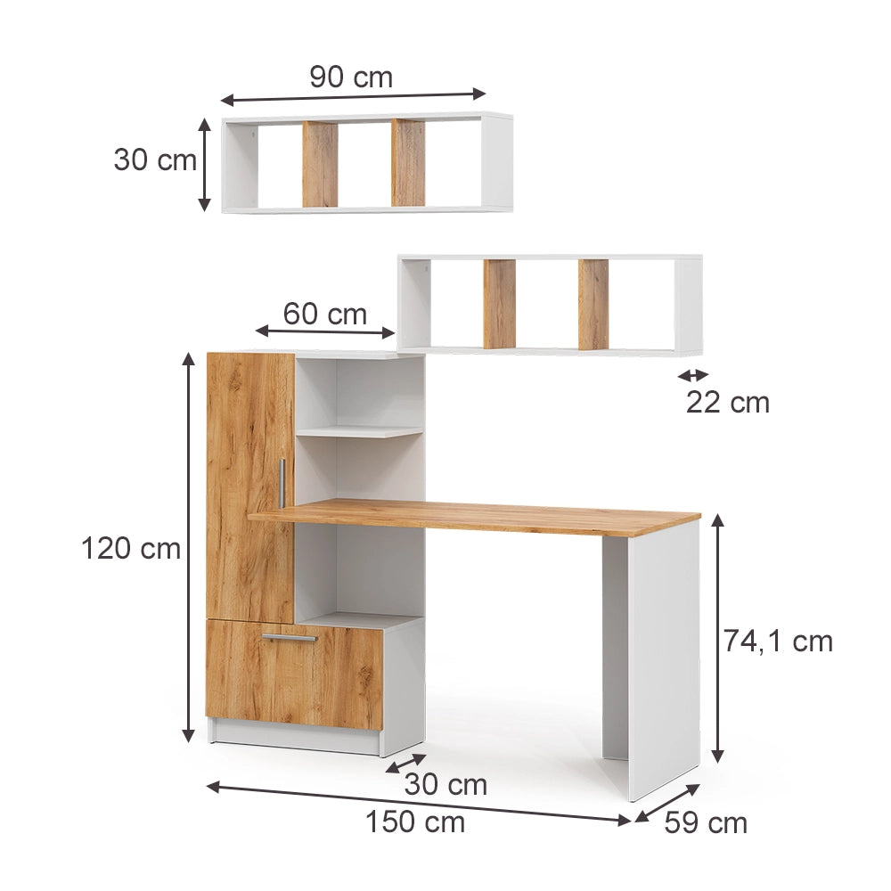 Set scrivania Tomy Bianco/Rovere dorato 150 x 59 cm Set di 3 come 2 ripiani + scrivania Vicco