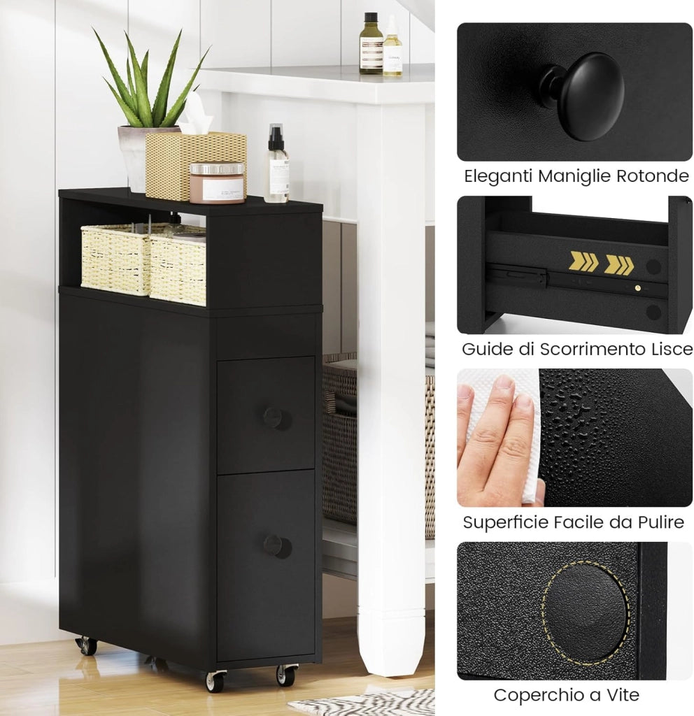 Mobile Bagno 50 x 19 x 72 cm, Arredo Salvaspazio con 2 Cassetti, 2 Cesti in Rattan, Ruote e Ripiani, Armadietto Stretto per Spazi Ridotti, Salotto e Cucina (Nero)