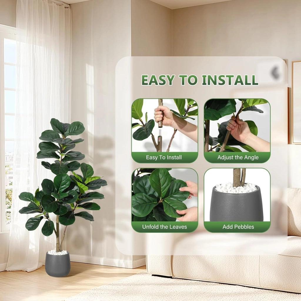 Ficus Lyrata Artificiale 120 cm con Foglie Nervate Vaso Nero e Ciottoli Bianchi