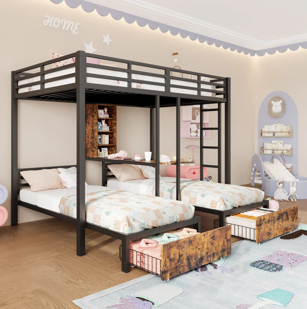 Letto a castello triplo 140x200 + 90x200 cm nero