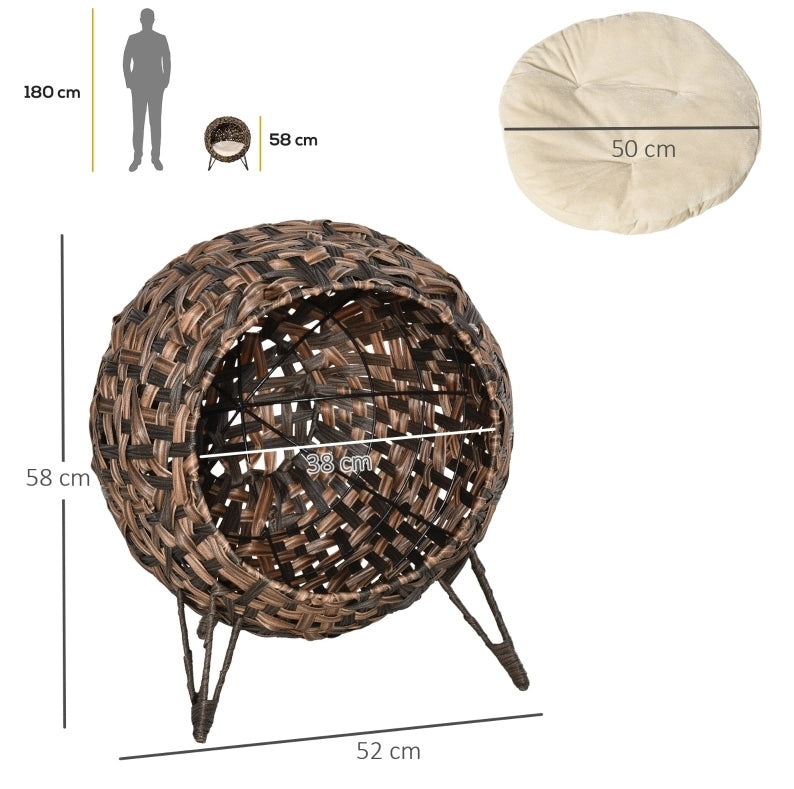 Cuccia rialzata per gatti in rattan PE con cuscino marrone