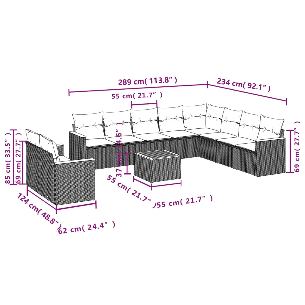 Set Divani da Giardino 11 pz con Cuscini Beige in Polyrattan 3258523