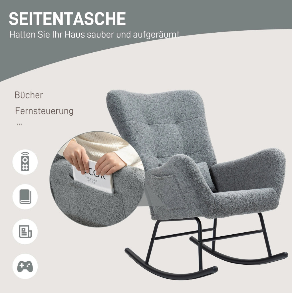 Poltrona a dondolo 95x67x100 cm in tessuto peluche grigio， con braccioli e tasca