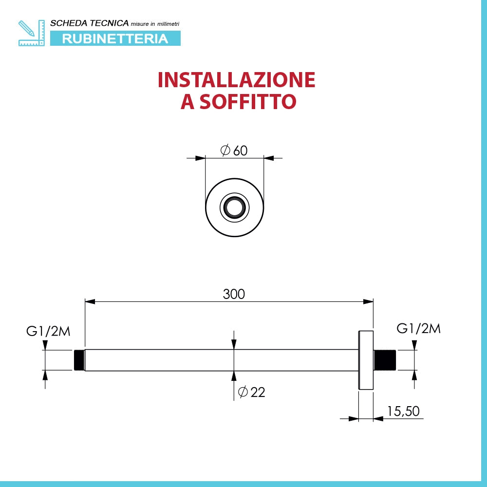 Set doccia braccio verticale tondo 30 cm e soffione 25cm cromo